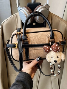 Women's PU Leather Boston Pillow Bag Contrast Trim Lychee Pattern Top Handle Handbag With Plush Pendant Crossbody Shoulder Bag