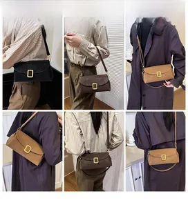 Detailansichten der Vintage-Umhängetasche mit Goldschnalle in verschiedenen Farben getragen