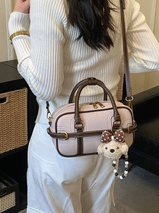 Litchi pattern leather boston bag with color block handle and plush bear charm