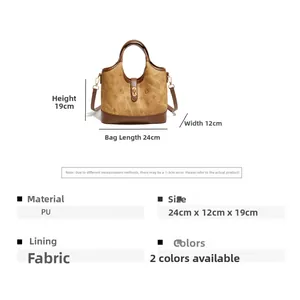 Size chart showing dimensions of 24x12x19cm for the retro PU leather bucket handbag