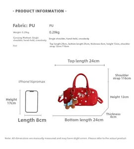 Detailed size chart for red PU baguette bag with dimensions and phone comparison
