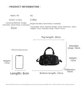 Detailed size comparison of black star-studded crossbody bag with iPhone 16 Pro Max
