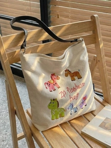Women Cute Cartoon Animal Embroidery Canvas Tote Bag Large Capacity Casual Shoulder Bag With Leather Strap Artistic Handbag