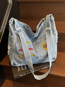 Vintage Embroidered Denim Tote Bag Women Large Capacity Shoulder Bag With Frayed Edges Love Heart Letters Casual Commuter Bag