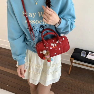 Cute red star Boston crossbody bag with horse embroidery and plush bear charm