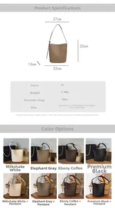 Detailed size chart and color options for the large PU leather bucket crossbody bag