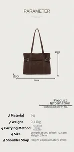 Detail showing dimensions of retro brown PU leather tote bag with 36cm base width