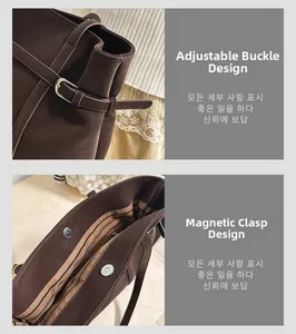Detail of vintage tote bag featuring metal adjustment buckle and magnetic snap closure