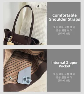 Detail of vintage brown tote bag with striped lining and inner zipper pocket features