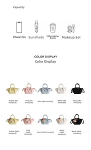 Mini bucket bag capacity view showing space for phone, umbrella and makeup items