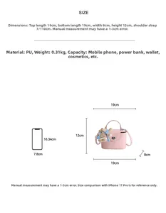 Size guide for pink PU leather mini square handbag with capacity and phone scale comparison