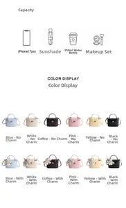 Detail view of colorful box bags showing capacity for essentials and six color options