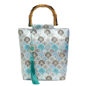 Traditional Chinese style tote bag with bamboo handle and elegant blue silk embroidery