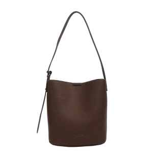 Minimalist dark brown lychee pattern leather bucket bag with adjustable shoulder strap