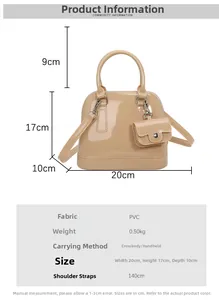 Detailed size chart for beige PVC shell bag showing 20x17x10cm dimensions and strap