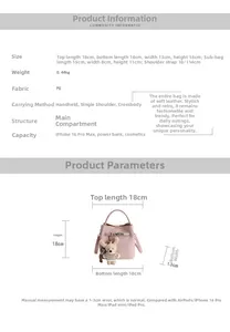 Detailed size chart for pink PU leather bucket bag with inner pouch and bear charm