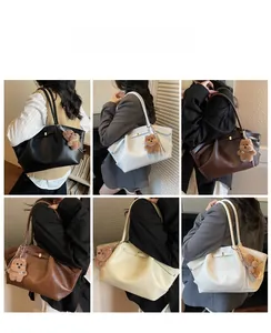 Detail shots of large pleated tote bags in black, white, coffee, and beige colors