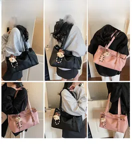 Collage of model wearing black and pink faux leather tote bags with plush bear charms