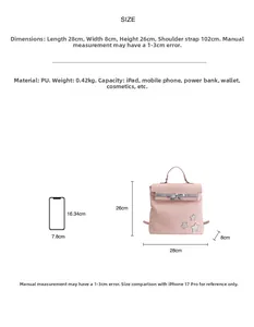 Size chart for pink PU backpack showing 28x8x26cm dimensions and storage capacity