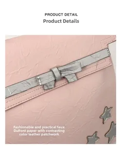 Detail of pink backpack with DuPont-style crinkled texture and silver star embroidery