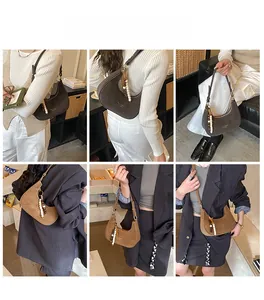 Detailed views of crescent suede shoulder bags with beaded tassels in various styles