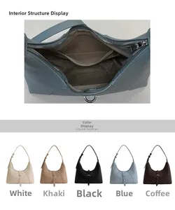 Dettaglio della grande borsa a mezzaluna con fodera interna e opzioni colore