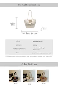 Detail view of woven straw tote bag featuring elegant pearl buckle and rope knit texture