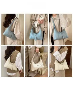 Collage of minimalist half-moon bags in blue and beige with fine stitching detail