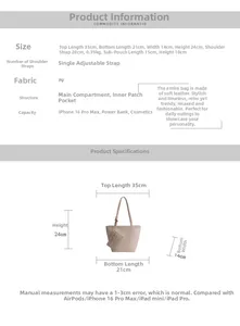 Größentabelle für minimalistische Tote-Tasche mit Details zu Maßen und PU-Material