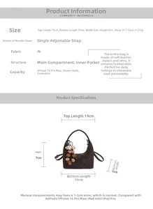 Size chart showing 19cm wide brown PU leather dumpling bag with adjustable strap