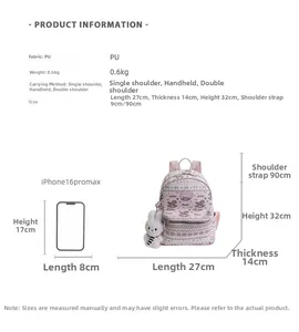 Detailed size view of pink PU leather backpack with horse print and plush rabbit charm