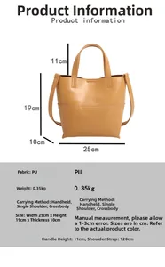 Size chart showing PU tote bag dimensions 25x19x10cm with strap length details