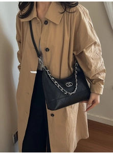 Détail d'un sac bandoulière matelassé noir avec chaîne porté sur un trench-coat kaki