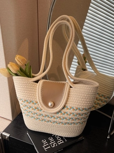 Women Large Capacity Woven Straw Tote Bag With Faux Artificial Pearl Buckle And Leather Flap Striped Crochet Shoulder Handbag Vacation Bag