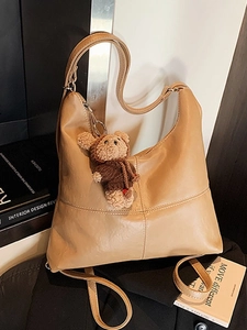 Women Retro Large Capacity PU Leather Tote Bag Fashion Casual Hobo Shoulder Bag With Plush Bear Pendant Commute Dual Use Backpack
