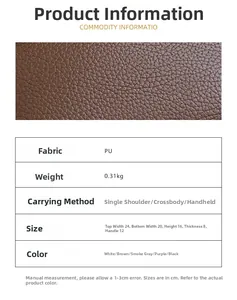 Size chart and PU leather material details for the minimalist crossbody bucket bag