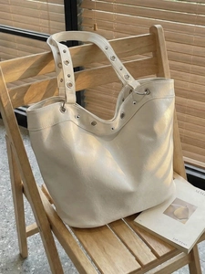 Women Large Capacity PU Leather Tote Bag Casual Commuter Shoulder Bag With Metal Grommet Rivet Fashion Handbag