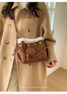 Close-up of vintage brown matte bucket bag with star embossing and faux fur trim