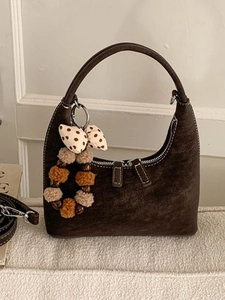 Vintage Frosted PU Leather Hobo Bag For Women Minimalist Crossbody Bag Moon Bag With Bow Pompom Pendant Contrast Stitching Shoulder Bag