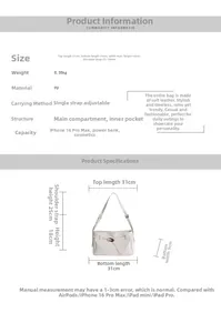 Detailed size chart for retro PU tote bag showing dimensions 31x18x9cm and weight 0.35kg