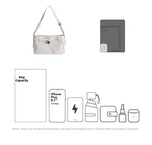 Capacity diagram of white leather tote bag showing space for phone, umbrella and makeup