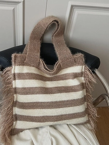 Sac Cabas en Maille Rayé pour Femme Avec Glands Grande Capacité Rétro Décontracté Sac à Épaule Sac à Main en Tricot Doux pour Shopping