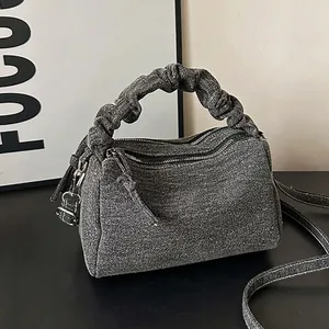 Women Casual Denim Ruched Handle Crossbody Bag Fashion Solid Color Pillow Handbag With Adjustable Strap Daily Travel Purse