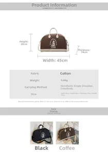 Tabella taglie dettagliata per borsa da viaggio in tela grande da 45x28x14cm con caratteristiche