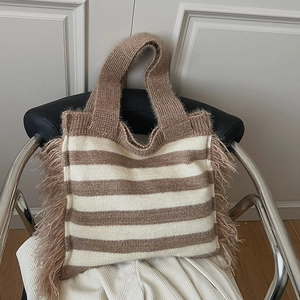 Large Striped Knitted Tote Bag For Women With Tassels Casual Slouchy Style Shoulder Bag Soft Knit Fabric Shopping Handbag