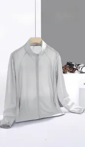 Detail of light grey sun protection jacket with breathable mesh and elastic cuffs