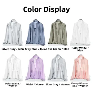 Variety of UV protection sun jackets shown in eight colors including grey, blue and pink