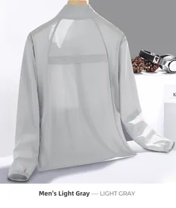 Detail of silver gray men's sun protection jacket with breathable back ventilation holes