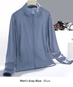 Detail of grey-blue sun protection jacket with breathable side mesh and zipper