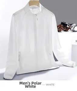 Detail of men's polar white UV protection sun shirt with zipper pockets and light fabric